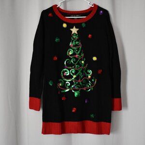 Black "Ugly Christmas Sweater" with Christmas Tree Decorations